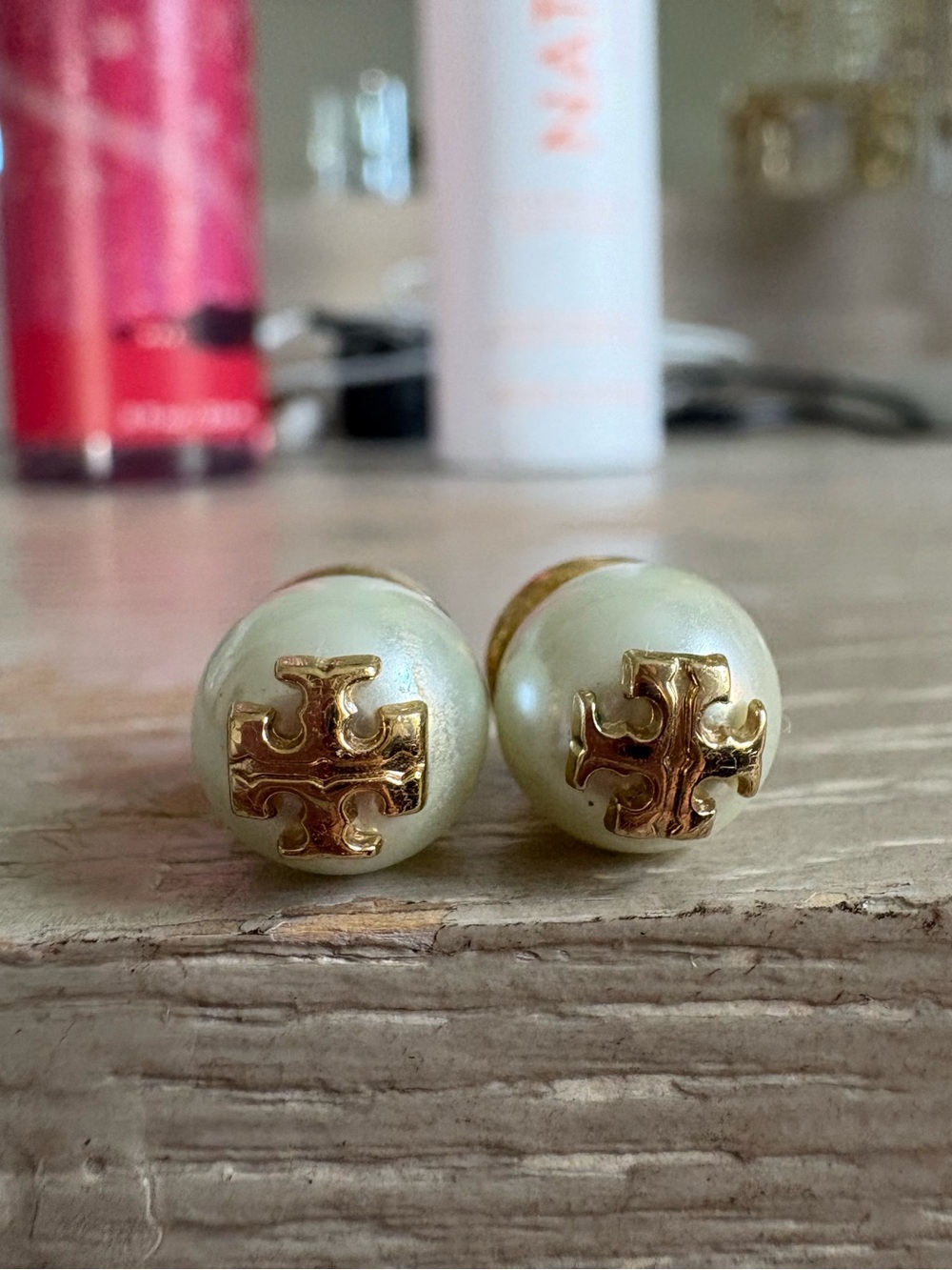 Tory Burch Swarovski Pearl Crystal Logo Stud Earrings $80 OBO